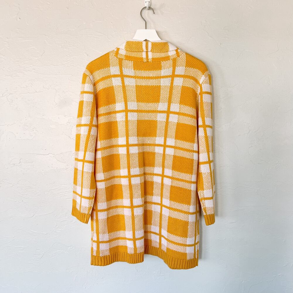 Salon Studio Yellow White Plaid Longline Cardigan Medium Cozy Open Front - Picture 4 of 6